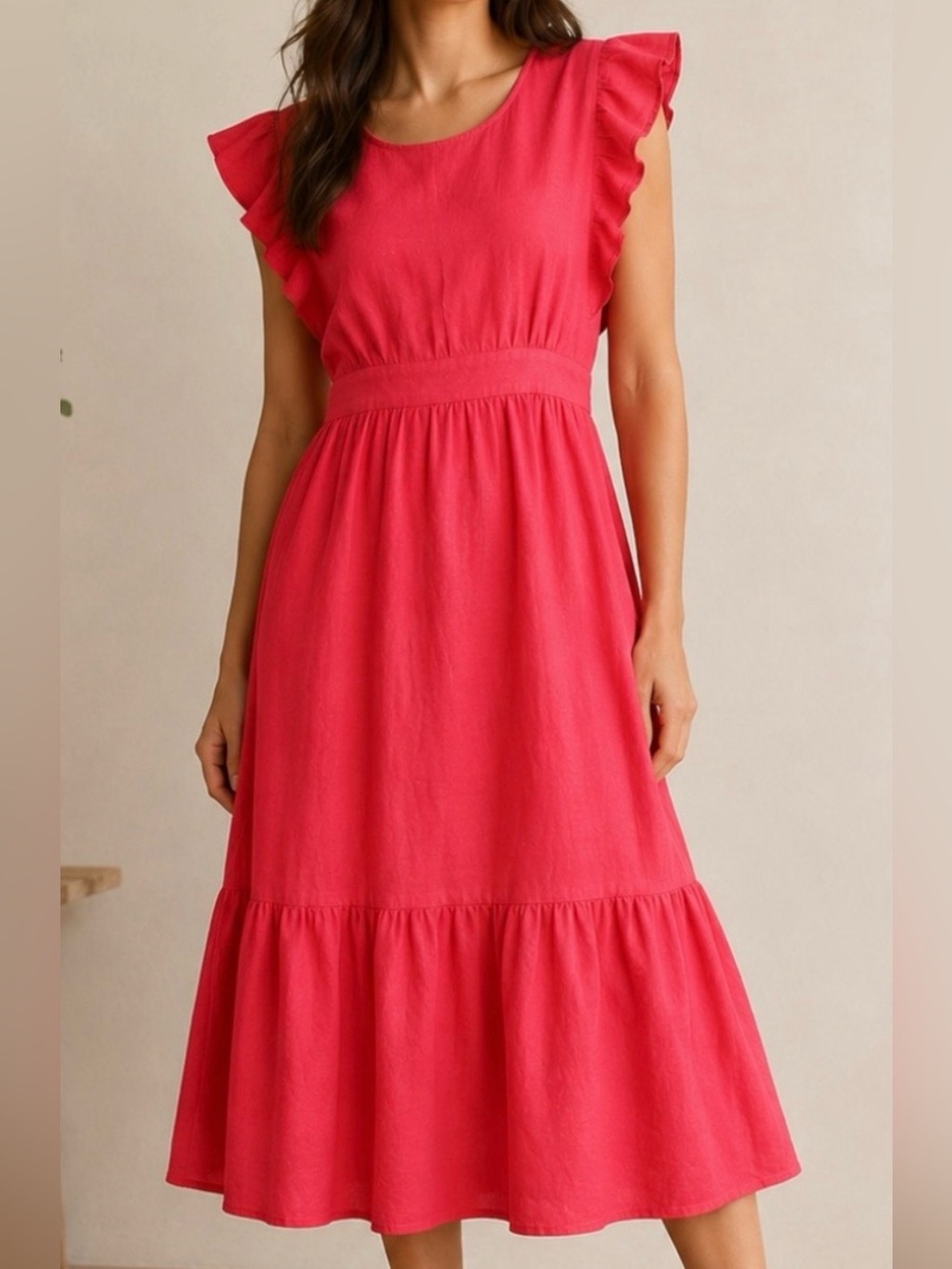 For Cynthia Rowley Linen Ruffle Sleeve Bright Coral Pink Red Midi Dress